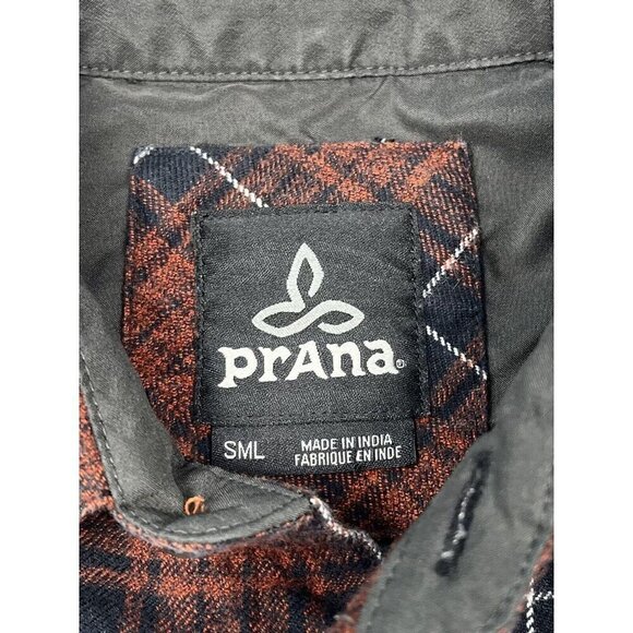 PRANA Mens SMALL Rust/Navy Plaid L/S Button-Up Organic Cotton FLANNEL SHIRT EUC - Picture 6 of 7